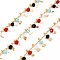 Handmade Brass Curb Chains, with Glass Beads, Soldered, Spool, Heart Charms, Real 18K Gold Plated, Colorful, 2.5x1.5x0.3mm, about 16.4 Feet(5m)/roll