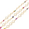 Handmade Brass Link Chains, with Glass Seed Beads, Rhombus, Long-Lasting Plated, Soldered, with Spool, Lead Free & Cadmium Free, Golden, Colorful, Link: 8x8x1mm, 13x2.5mm