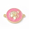 Rack Plating Brass Enamel Connector Charms, Flat Round Links with Gesture Pattern, Long-Lasting Plated, Lead Free & Cadmium Free, Real 18K Gold Plated, with Glitter Powder, Pearl Pink, 17x22x4mm, Hole: 1.6mm
