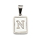 304 Stainless Steel Pave Natural White Shell Pendants, Rectangle with Letter Charms, Stainless Steel Color, Letter N, 17.5x12x1.5mm, Hole: 6x3mm