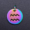 Rainbow Color Ion Plating(IP) 201 Stainless Steel Charms, with Jump Rings, Flat Round with Constellation/Zodiac Sign, Aquarius, 12x1mm, Jump Ring: 5x0.8mm, Inner Diameter: 3mm