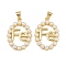 Brass & ABS Imitation Pearl Pendants, Word FE, Cadmium Free & Lead Free, Rack Plating, Long-Lasting Plated, Real 18K Gold Plated, Oval, 25x18x4mm, Hole: 4x3mm