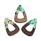 Walnut Wood Pendant, Resin & Gold Foil, Teardrop, Pale Turquoise, 45x30x3.5mm, Hole: 2mm