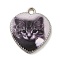 Alloy Pendant, Heart with Cat, Platinum, Dark Gray, 21x18x2.5mm, Hole: 2mm