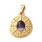Natural Amethyst Pendants, 304 Stainless Steel Flat Round Charms, Ion Plating(IP), Golden, 21x17.5x4~4.5mm, Hole: 4.5x3mm