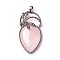 Natural Rose Quartz Pendants, with Brass Findings, teardrop, Antique Silver, 52~53x27x10~11mm, Hole: 8x5mm