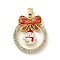 Christmas Brass Micro Pave Cubic Zirconia Pendants, Cadmium Free & Lead Free, with Enamel and Synthetic Opal, Christmas Wreath, FireBrick, 25.5x22.5x5mm, Hole: 5x3mm