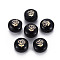Handmade Lampwork Beads, with Golden Plated Brass Etched Metal Embellishments, Flat Round with Flower, Black, 8x5~6mm, Hole: 0.8mm