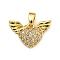 Rack Plating Brass Micro Pave Cubic Zirconia Pendants, Long-Lasting Plated, Wing with Heart, Real 18K Gold Plated, 11x17x3.5mm, Hole: 2X3.5mm