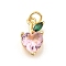 Heart with Leaf Brass Pendants, with Glass, Long-Lasting Plated, Real 18K Gold Plated, 16.5x5x3.5mm, Hole: 3.5mm