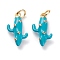Brass Micro Pave Clear Cubic Zirconia Pendants, with Jump Rings, with Enamel, Cactus, Real 18K Gold Plated, Dark Turquoise, 17x9x4.5mm, Jump Ring: 5x1mm, 3mm Inner Diameter