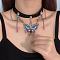 Butterfly Alloy & Colorful Glass Black Imitation Leather Cord Adjustable Choker Necklaces for Women, Platinum, 15.75 inch(40cm)