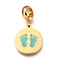 Jewelry Ion Plating(IP) 304 Stainless Steel European Dangle Charms, with Enamel, Large Hole Pendants, Flat Round with Baby Feet, Golden, Medium Turquoise, 25mm, Hole: 4.5mm, Pendant: 16x14x1.3mm