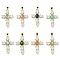 Natural Mixed Gemstone Pendants, Brass Pave Clear Cubic Zirconia Cross Charms, Real 18K Gold Plated, Long-Lasting Plated, Rack Plating, 39x25x4.5mm, Hole: 6x4mm