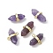 Natural Amethyst Double Terminal Pointed Connector Charms, Faceted Bullet Links, with Rack Plating Gloden Tone Brass Findings, Cadmium Free & Lead Free, 19x15.5x9mm, Hole: 2mm