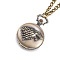 Carved Alloy Flat Round Pendant Necklace Quartz Pocket Watch, with Iron Chains and Lobster Claw Clasps, Antique Bronze, 32.67 inch(83cm)