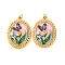304 Stainless Steel Enamel Pendants, Oval with Butterfly & Flower, with ABS Plastic Imitation Pearl and Plastic & Jump Ring, Ion Plating(IP), Real 18K Gold Plated, Pink, 30x21x4mm, Hole: 2.5mm