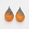 Antique Silver Tibetan Style Alloy Beeswax Teardrop Pendants, Dark Orange, 38x23x17mm, Hole: 4mm