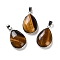 Natural Tiger Eye Pendants, Rack Plating Brass Teardrop Charms, Platinum, Long-Lasting Plated, Lead Free & Cadmium Free, 30x19.5x6~7mm, Hole: 4x5mm