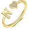 Adjustable Brass Rhinestone Cuff Rings, Letter & Heart, Golden, Letter N, Inner Diameter: 15~20mm