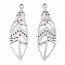 Non-Tarnish 201 Stainless Steel Pendants, Filigree Joiners Findings, Laser Cut, Feather, Stainless Steel Color, 33x10x1mm, Hole: 1.6mm