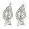 Brass Pendants, Fish Charms, with Jump Ring, Rack Plating, Lead Free & Cadmium Free, Long-Lasting Plated, Platinum, 34.5x16x5mm, Hole: 3.4mm