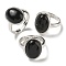 Natural Obsidian Oval Adjustable Rings, Lead Free & Cadmium Free, Silver Plated Brass Finger Rings for Women Men, Oval: 18x14mm, Inner Diameter: 18mm