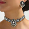 Oval Alloy Rhinestone Choker Necklace & Stud Earrings Sets for Women, Antique Silver, Crystal, 420mm