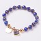Natural Lapis Lazuli Beads Stretch Bracelets, with Electroplate Natural Druzy and Brass Findings, Heart and Flat Round, 2-1/8 inch(5.5cm), Charms: 12~13x12x1~7mm