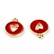 Zinc Alloy Enamel Charms, Flat Round with Hollow Heart, Light Gold, Red, 14x12x2mm, Hole: 1.5mm