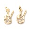 Brass Micro Pave Clear Cubic Zirconia Pendants, with Jump Ring, Cadmium Free & Lead Free, Gesture for Victory, Real 18K Gold Plated, 14x9x2mm, Hole: 2.5mm