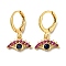 Real 18K Gold Plated Brass Dangle Leverback Earrings, with Glass, Evil Eye, Dark Violet, 21.5x13mm