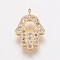 Brass Cubic Zirconia Charms, Hamsa Hand/Hand of Fatima/Hand of Miriam, Golden, 12.5x8.5x2mm, Hole: 1mm