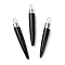 Natural Black Onyx Brass Pointed Pendants, Cadmium Free & Lead Free, Dyed & Heated, Bullet Shaped, Silver Color Plated, 33~37x4~5mm, Hole: 2mm