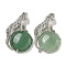 Natural Green Aventurine Half Round Pendants, Rack Plating Brass Leopard Charms, Platinum, Cadmium Free & Lead Free, 42x27x7.5mm, Hole: 3x5mm