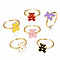 Brass Enamel Cuff Rings, Open Rings, Nickel Free, Curb Chain, Bear, Real 16K Gold Plated, Mixed Color, US Size 7 1/4(17.5mm)