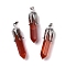 Natural Red Agate Big Pointed Pendants, with Platinum Tone Brass Findings, Cadmium Free & Lead Free, Bullet with Leaf, 53.5~57x14~15x14~15mm, Hole: 7x4mm
