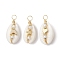 3Pcs 3 Styles Natural Cowrie Shell Copper Wire Wrapped Pendants, Moon & Heart & Star Brass Charms with Shell Pearls, Golden, 27~28.5x12.5~14x10.5~11.5mm, Hole: 3.5~4.5mm, 1pc/style