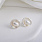 Flat Round Brass & Freshwater Pearl Stud Earrings for Women, Matte Silver Color, 14x14mm