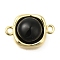 Brass Pave Black Glass Square Links Connector Charms, Cadmium Free & Nickel Free & Lead Free, Real 18K Gold Plated, 16x11x5.5mm, Hole: 1.5mm