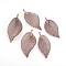 Electroplated Natural Leaf Big Pendants, with Iron Findings, Copper Plated, 50~80x20~35x1mm, Hole: 3x6mm