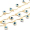 3.28 Feet Handmade Golden Brass Bar Link Chains, with Glass Charms, Soldered, Long-Lasting Plated, Flat Round with Evil Eye, Deep Sky Blue, 15x1x1mm