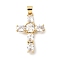 Brass Cubic Zirconia Pendant, Long-Lasting Plated, Lead Free & Cadmium Free, Cross, Real 18K Gold Plated, 31.5x21x4.5mm, Hole: 3.5x5mm