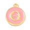 Golden Plated Alloy Enamel Charms, Enamelled Sequins, Flat Round with Alphabet, Letter.Q, Pink, 14x12x2mm, Hole: 1.5mm