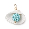 Clam Shell & Glass Seed Beaded Pendants, with Brass Beads, Shell Shaped Charms, Real 18K Gold Plated, Sky Blue, 28x27x15mm, Hole: 2.5x2mm