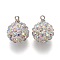 Polymer Clay Rhinestone Pendants, Pave Disco Ball, with Platinum Tone Iron Pinch Bail, Round, Crystal AB, 15x12mm, Hole: 1.5mm