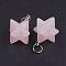 Natural Rose Quartz Pendants, with 201 Stainless Steel Split Rings, Stainless Steel Color, Merkaba Star, 22~23x16.5~17x19mm, Hole: 6mm