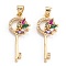 Brass Micro Pave Clear Cubic Zirconia Beads Pendant, Long-Lasting Plated, Key, Real 18K Gold Plated, 30x12x3mm, Hole: 4.7x3.2mm