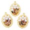 Natural Tourmaline Chip Pendants, Alloy Oval Charms with Acrylic Imitation Pearls, Golden, 39x28x6.5mm, Hole: 2mm