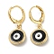 Real 18K Gold Plated Brass Dangle Leverback Earrings, with Enamel, Evil Eye, Black, 26.5x11mm